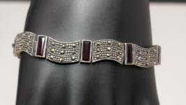 925 Sterling Silver Marcasite And Red Glass 7&quot; Art Deco Bracelet - $53.76 CAD