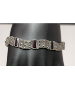 925 Sterling Silver Marcasite And Red Glass 7&quot; Art Deco Bracelet - €33,42 EUR
