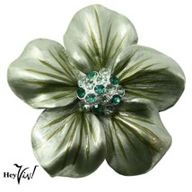 Vintage Shimmer Green Curvy Metal Flower Pin Brooch w Rhinestones 2.25&quot;-... - $22.00