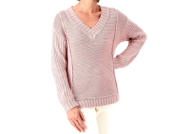 Encore by Idina Menzel Mixed Stitch V-Neck Sweater- Dusty Pink, LARGE - £19.18 GBP