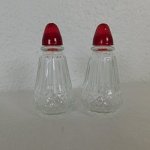 Salt Pepper Shakers Tiny Small Clear Cut Molded Glass 2.75” Red Plastic Top Vtg - £9.10 GBP