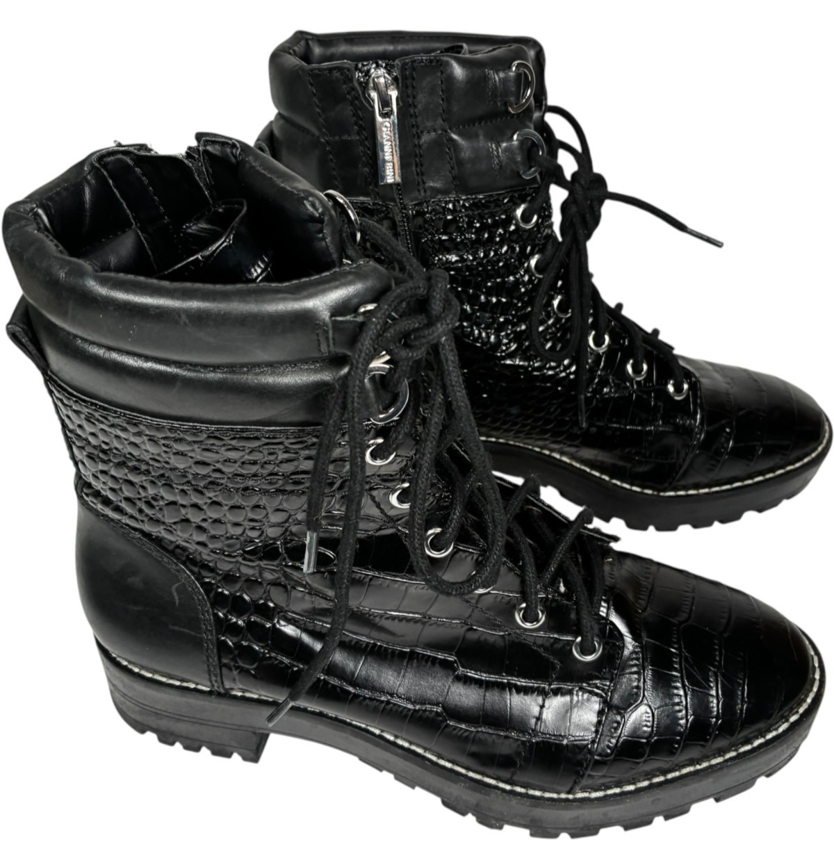 Gianni Bini women's Croc Embossed Black Leather Zip Lace-up Combat Boots size 8M Item image 2
