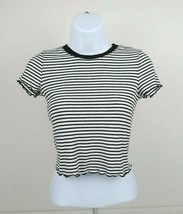Women Black &amp; White Stripped Casual T Shirt Blouse Short Sleeve Top Peti... - £10.21 GBP