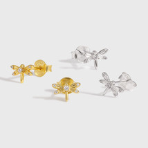 Minimalist Round Simulated Diamond Dragonfly Stud 18k Yellow Gold Plated Earring - £31.79 GBP