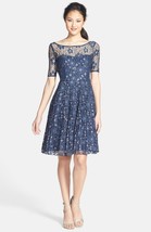 Betsey Johnson Metallic Lace Fit &amp; Flare Dress Sz 12 Navy Metallic - $54.75