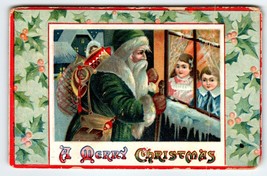 Santa Claus Christmas Postcard Old World Green Suit Hat Children At Wind... - £23.48 GBP