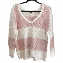 Free People Pink White Striped Songbird V Neck Boucle Sweater Small - £40.63 GBP