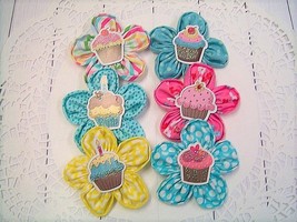 Handmade - &quot;CUPCAKE FLOWERS&quot; Set of 6 Fabric Refrigerator Magnets - Party Favors - £7.99 GBP