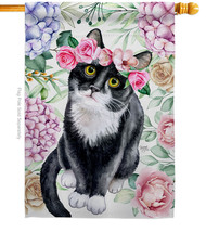 Floral Tuxedo Cat House Flag 28 X40 Double-Sided Banner - $36.97
