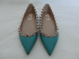 NIB AUTH VALENTINO Rockstud Teal Matte Leather Ballerina Shoes Flats 35.... - $581.99
