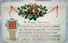 Antique Embossed Postcard Happy Christmas Best Wishes Poem ~ Bells &amp; Holly - £3.97 GBP