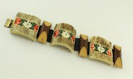 50s Souvenir Bracelet Carved Wood Hand Painted Segmented Panel - $94.95