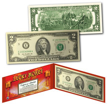 Chinese Lanterns Lucky Money Double 88 Serial Number $2 US BEP Bill w/ Red Folio - £8.09 GBP