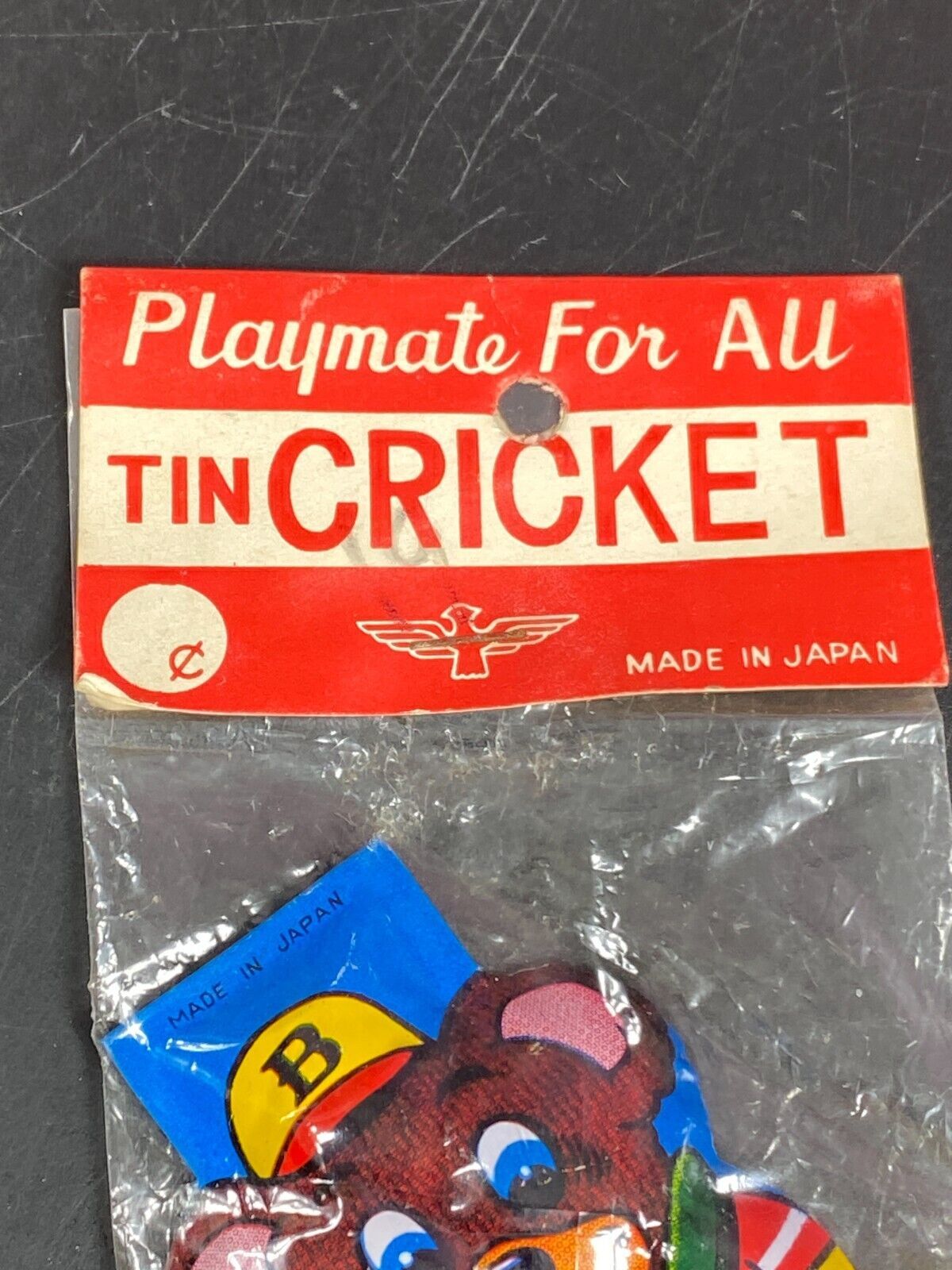 Tin Cricket Tin Litho Clicker Noisemaker Japan Baseball player Bear New Vintage - $14.85