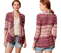 Anthropologie Boho Cardigan Small 2 4 Red Sweater Moth Mixed Knit PomPom... - £62.40 GBP