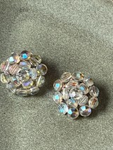 Vintage Aurora Borealis Faceted Bead Flower Cluster SIlvertone Clip Earrings – - £9.02 GBP