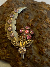 Vtg Floral Spray Brooch High Fashion Costume Jewelry Pink Stone Moon Round Prong - £39.46 GBP