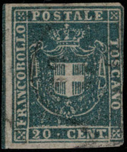 ZAYIX 1860 Tuscany Italy Italian States 20 used 20c blue Coat of Arms 031922-S06 - £107.91 GBP