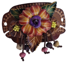 Leather Barrette Hair Clip &amp; Wood Stick Ponytail Holder Flower Woodstick Pony - £13.35 GBP