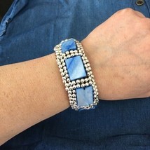 Blue Shell Silver Bead wide cuff Bracelet - $13.86