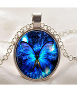 Vintage Butterfly Blue Cabochon Silver Plated Glass Chain Pendant Necklace Gift - $10.84