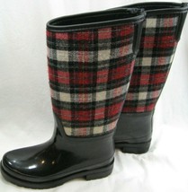 Bass Downpour Red Plaid Flannel Rubber Rain Boots 6 Pull On - £27.48 GBP