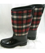 Bass Downpour Red Plaid Flannel Rubber Rain Boots 6 Pull On - $33.85