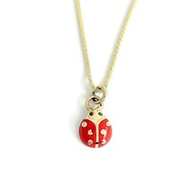 Ladybug Red Enamel Black Diamond Pendant Necklace 14K Yellow Gold, .01 CTW - £395.68 GBP