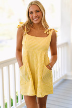 Yellow Stripe Shoulder Tie Smocked Back Wide Leg Casual Romper - $18.48