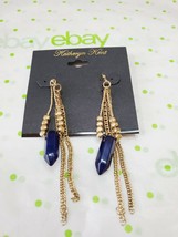 Katheryn Kent Gold Tone French Wire Drop Earrings Gold Wire &amp; Sapphire Stone - £10.03 GBP