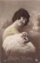 BONNE ANNEE~BEAUTIFUL YOUNG WOMAN-FUR-DRESS-FLOWERS-1921 FRENCH PHOTO PO... - $6.61