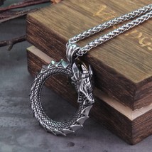 Stainless Steel Viking Self-Devourer Ouroboros Dragon Pendant Necklace Mens Gift - £14.19 GBP