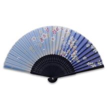 SILK HAND FAN 8" Blue Cherry Blossoms High Quality Folding Pocket Purse NEW - $8.95