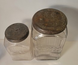 Set of Hoosier Coffee and Tea Jars Ribbed Glass Square with Tin Lids - $140.00