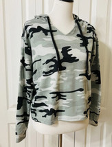 Black Camouflage Hooded Shirt Slightly Cropped Size S Drawstring Neck Camo - £11.70 GBP