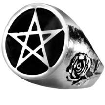 Alchemy Gothic Protective Power Roseus Pentagram Pewter Black Signet Ring R23 - £27.34 GBP