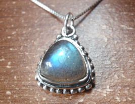 Labradorite Triangle with Silver Dot Accents 925 Sterling Silver Necklace - £14.78 GBP