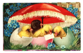 Joyful Easter Chicks Under Red Umbrella Embossed Gel Postcard c1900s Germany - $19.99