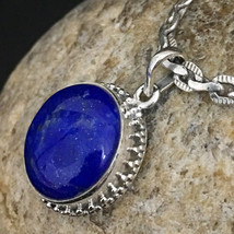 925 Silver Women Pendant Necklace Lapis Lazuli Round Shape Handmade Party Wear - £44.67 GBP