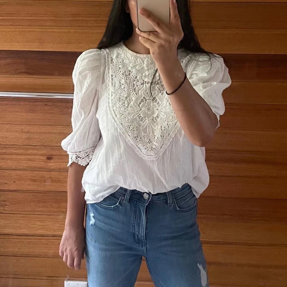 Womens 3/4 Puffy Sleeve Floral Embroidered 100% Cotton Top in White AUS STOCK