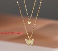 Butterfly Diamond Necklace 22K Gold Plated 925 Sterling Silver Micro Pave CZ - £122.89 GBP