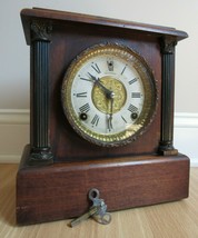 Antique Sessions Mantel Clock Table Mahogany Bob Pendulum Key Two Pillar - $116.86