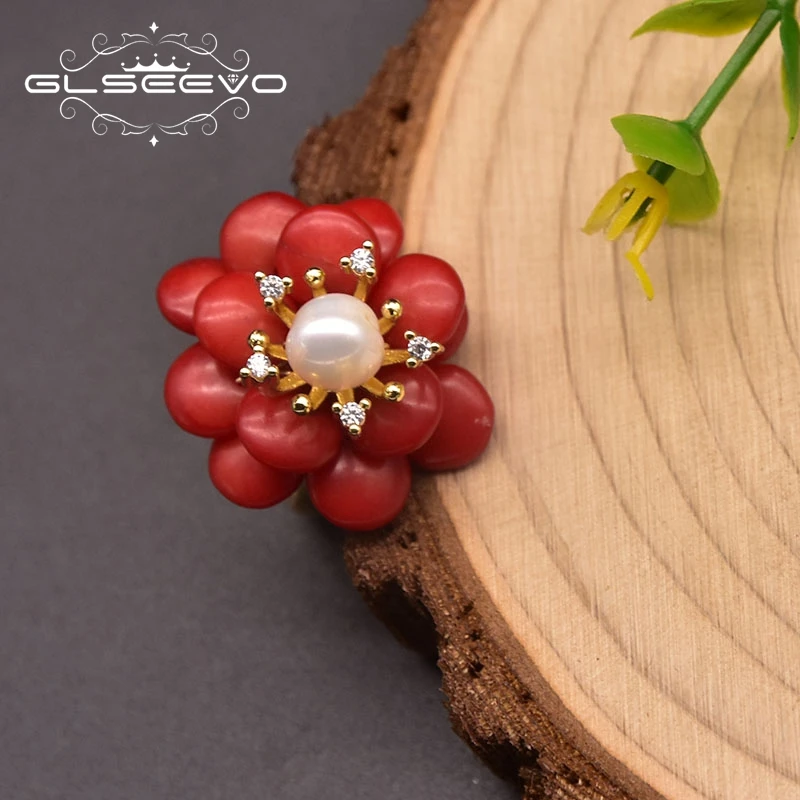 Natural Coral Flower Ring Adjustable Ladies Party Birthday Gift Handmade S925 St - £26.88 GBP