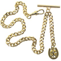 Gold Tone Pocket Watch Albert Vest Chain Four Leaf Clover Fob T Bar Swivel Clasp - £13.43 GBP