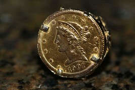 Vintage 1901-S $5 Dollar Liberty Head Half Eagle Gold Coin Ring 14K Mount Size 8 - £1,137.56 GBP