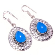 Blue Chalcedony Gemstone 925 Silver Overlay Handmade Drop Dangle Antique Earring - £13.40 GBP