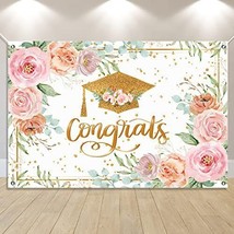 Graduation Banner Backdrop Rose Gold Floral Congrats Grad Decorations Large - £7.36 GBP