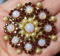 Vintage Ruby Red Rhinestone Pearl and Opalescent Floral Filigree Brooch - £35.23 GBP