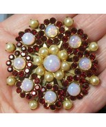 Vintage Ruby Red Rhinestone Pearl and Opalescent Floral Filigree Brooch - €38,22 EUR