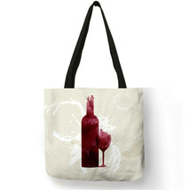 Wine Bottle Print Shopping &amp; Travel Jute Tote Handbag - £19.74 GBP